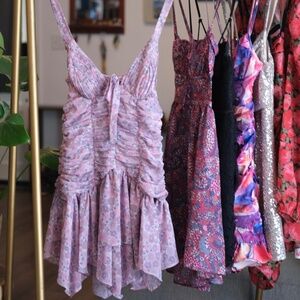 For Love & Lemons Pink Floral Ruched Mini Dress